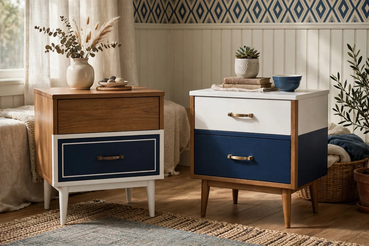 Retro style nightstands painted light brown, white and navy blue two-tone