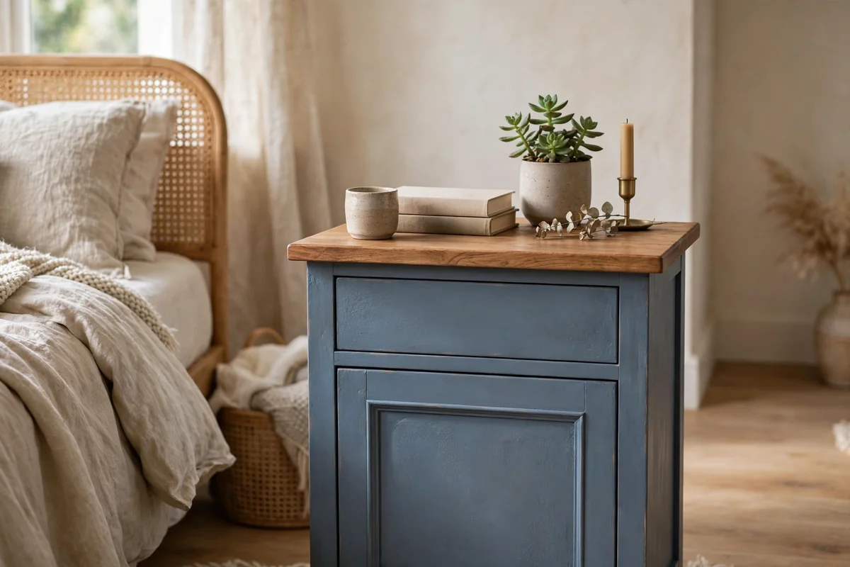 Small bedroom side table painted blue grey with natural wood top