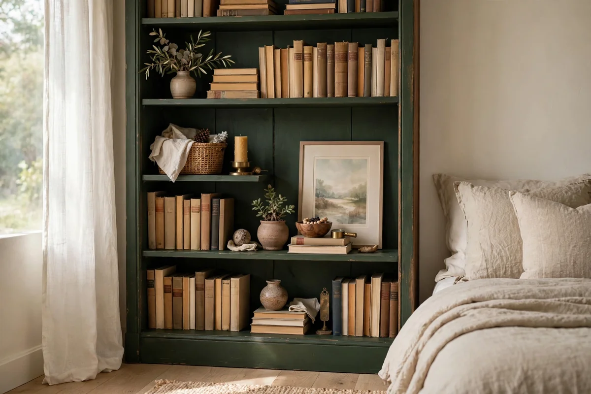 Bedroom bookshelf painted dark green, styled with books and decor