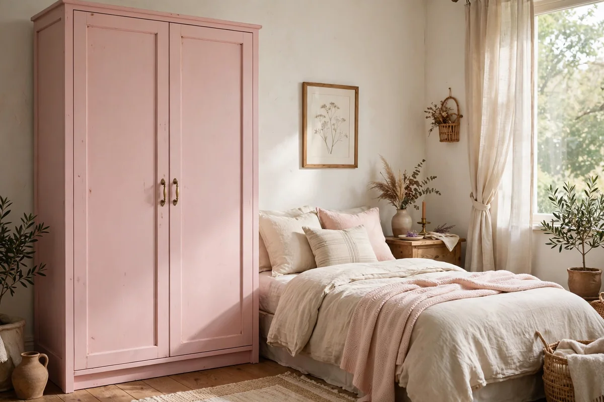 Bedroom with a soft pastel pink painted wardrobe, gentle and charming