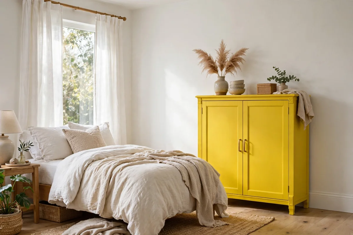 Bedroom with a bright vibrant yellow painted cabinet against white wall
