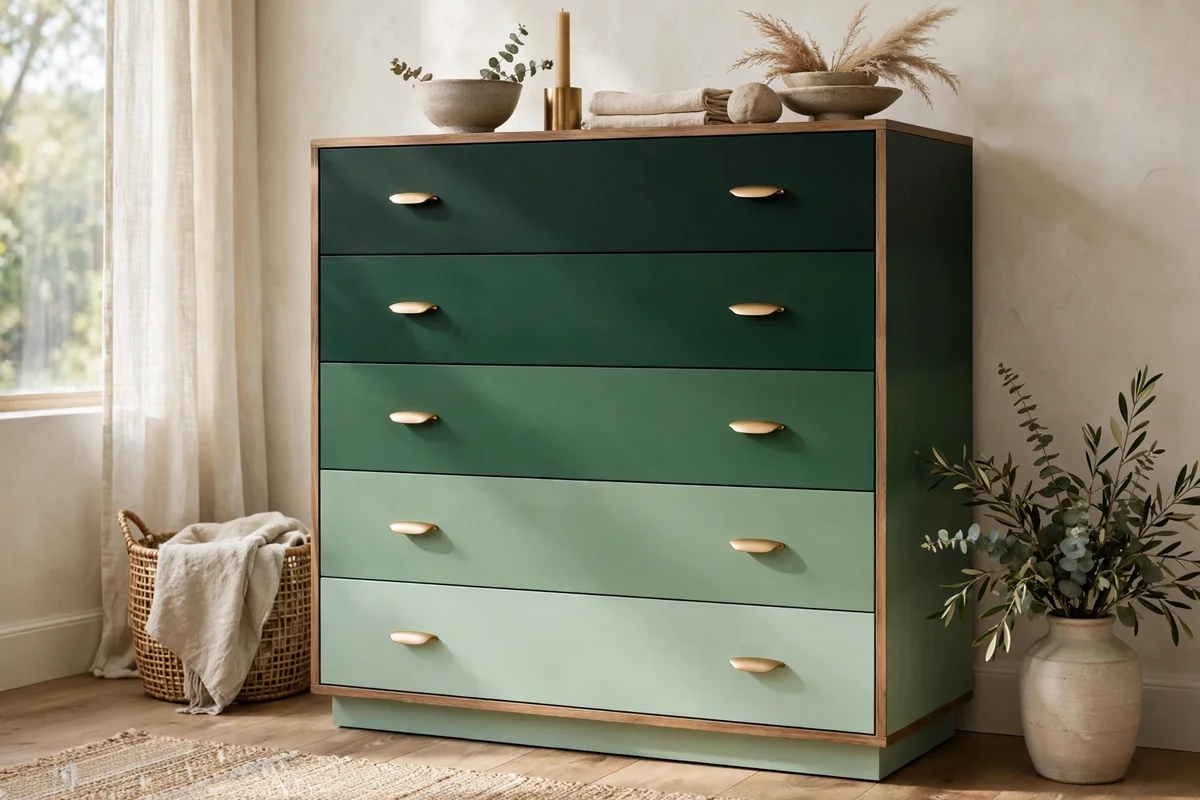 Dresser with ombre green gradient drawers from dark to light, stylish