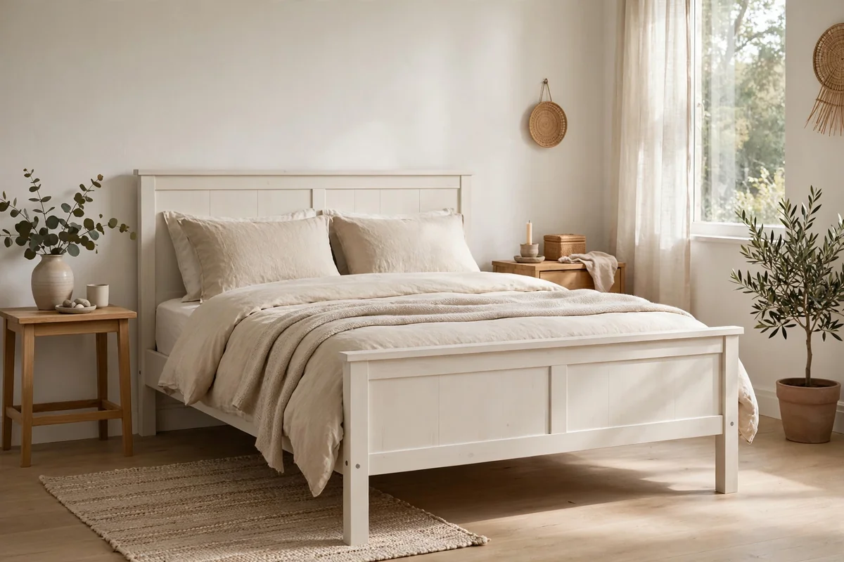 Bedroom with an off-white painted wooden bedframe, clean and simple