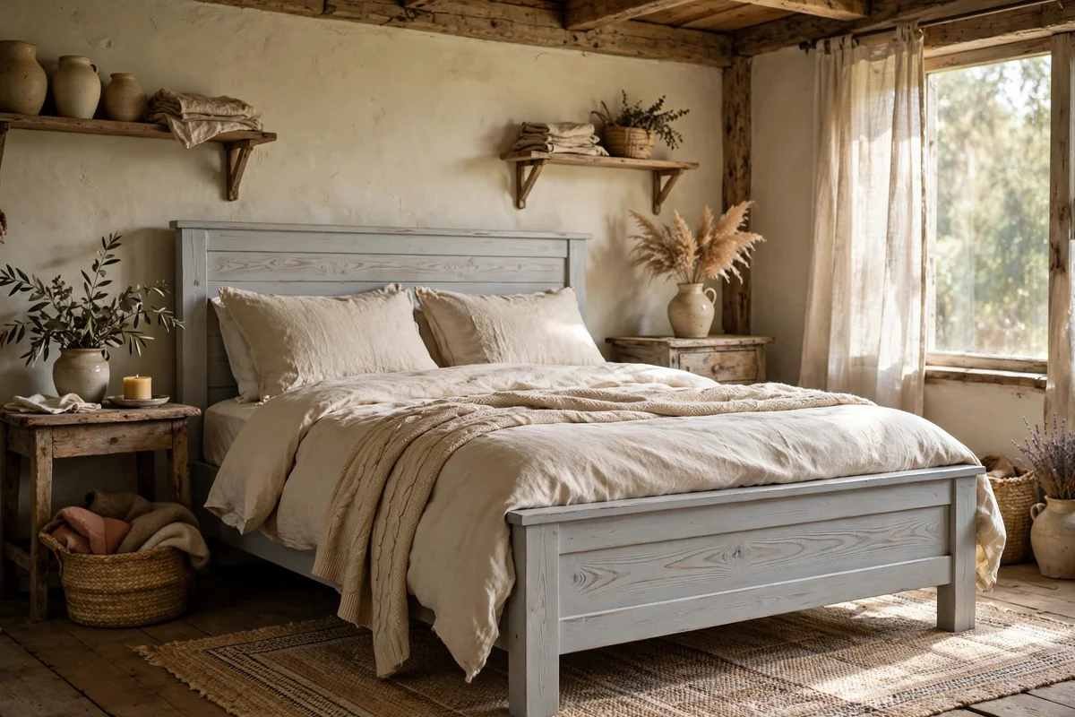 Rustic bedroom with a light grey painted bedframe showing wood grain texture