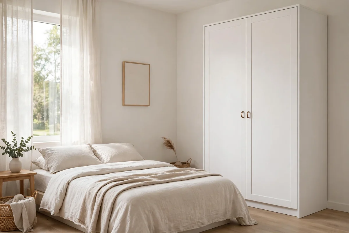 Bedroom with a clean crisp white painted wardrobe, minimalist