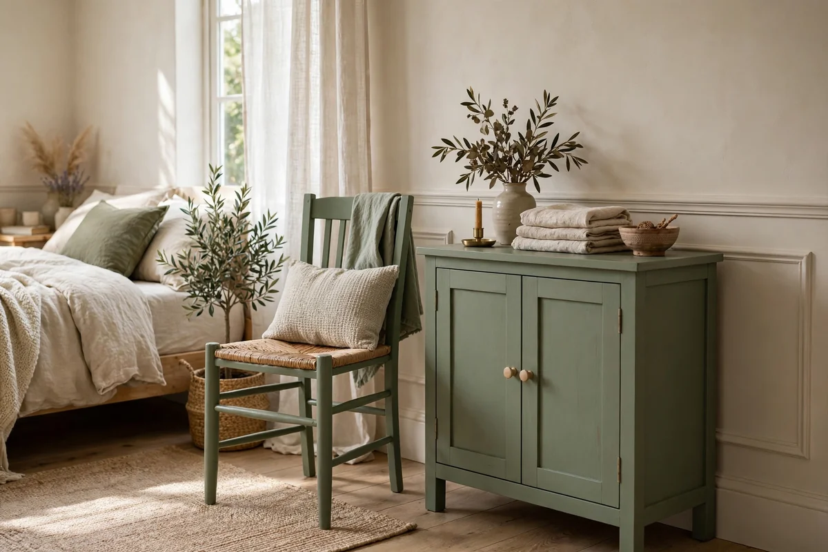 Bedroom with matching sage green painted chair and small cabinet, cohesive set