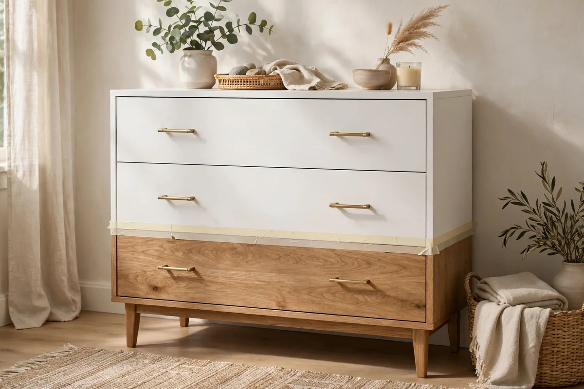 Dresser painted two-tone white and natural wood with a crisp taped dividing line