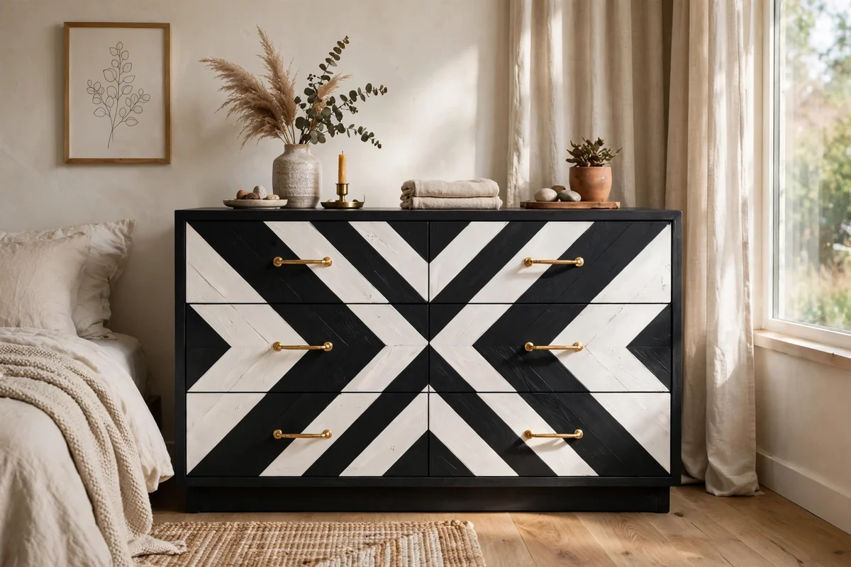 Bedroom dresser with geometric black and white painted pattern and gold handles