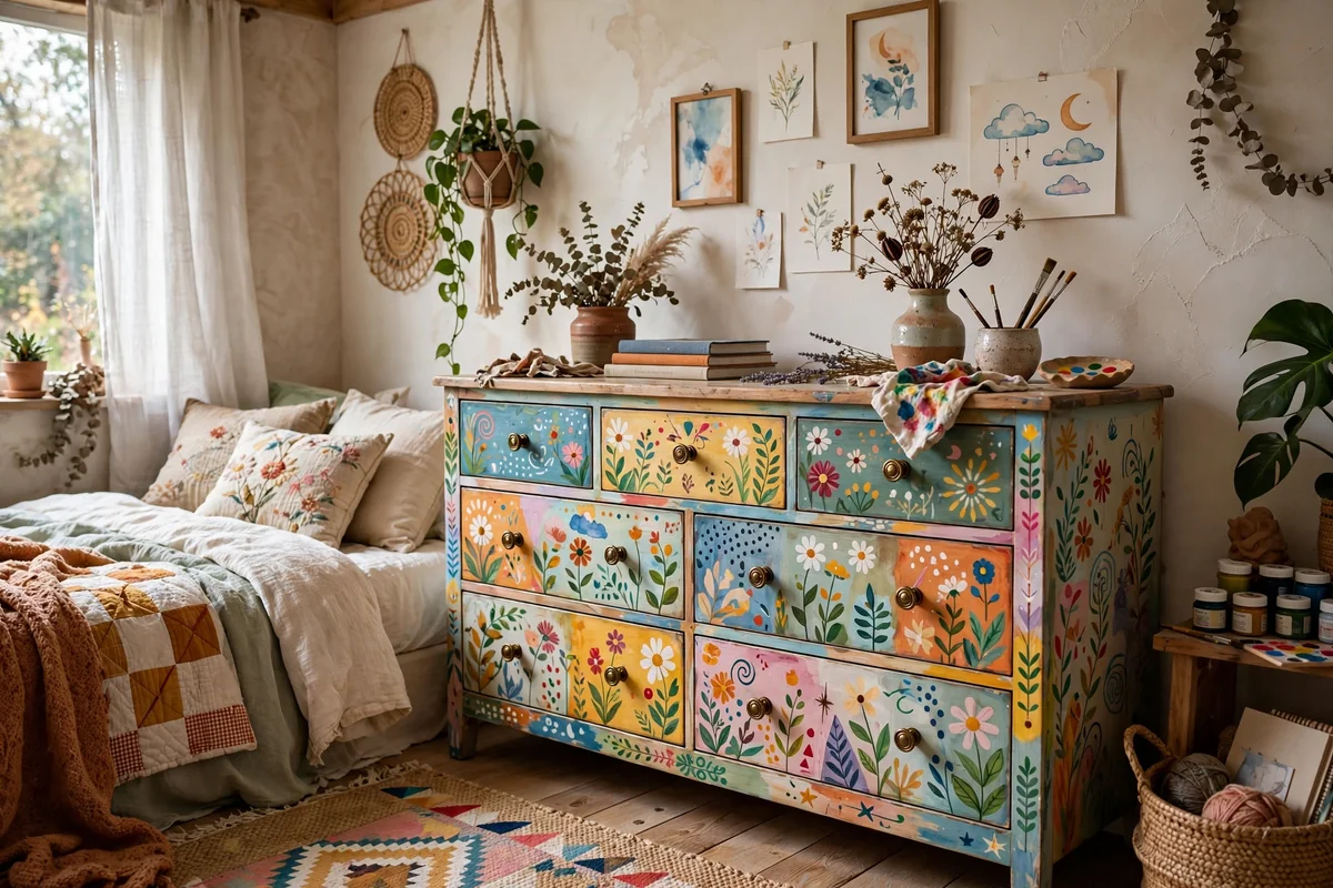 Whimsical hand-painted colorful dresser in a creative bedroom, artistic