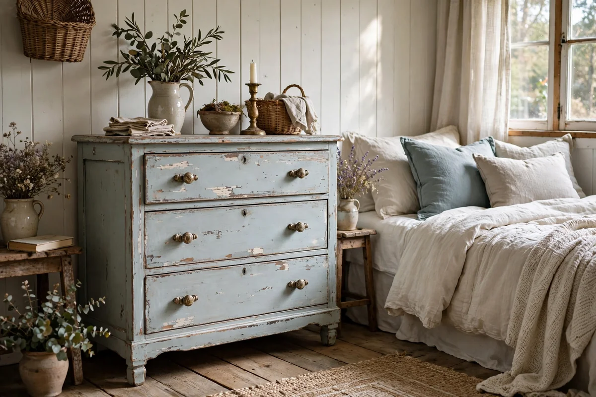 Bedroom with distressed farmhouse style painted dresser, shabby chic