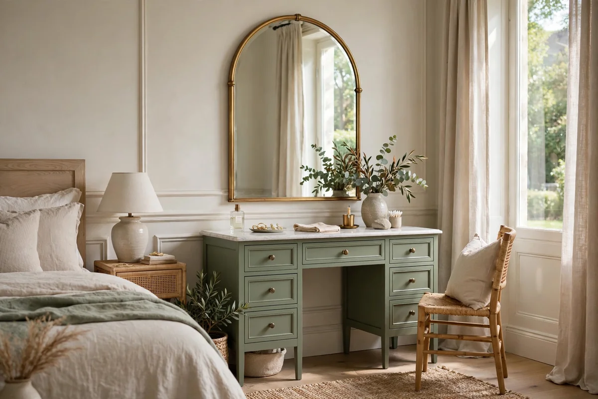 Bedroom with a sage green painted vanity table and mirror, elegant