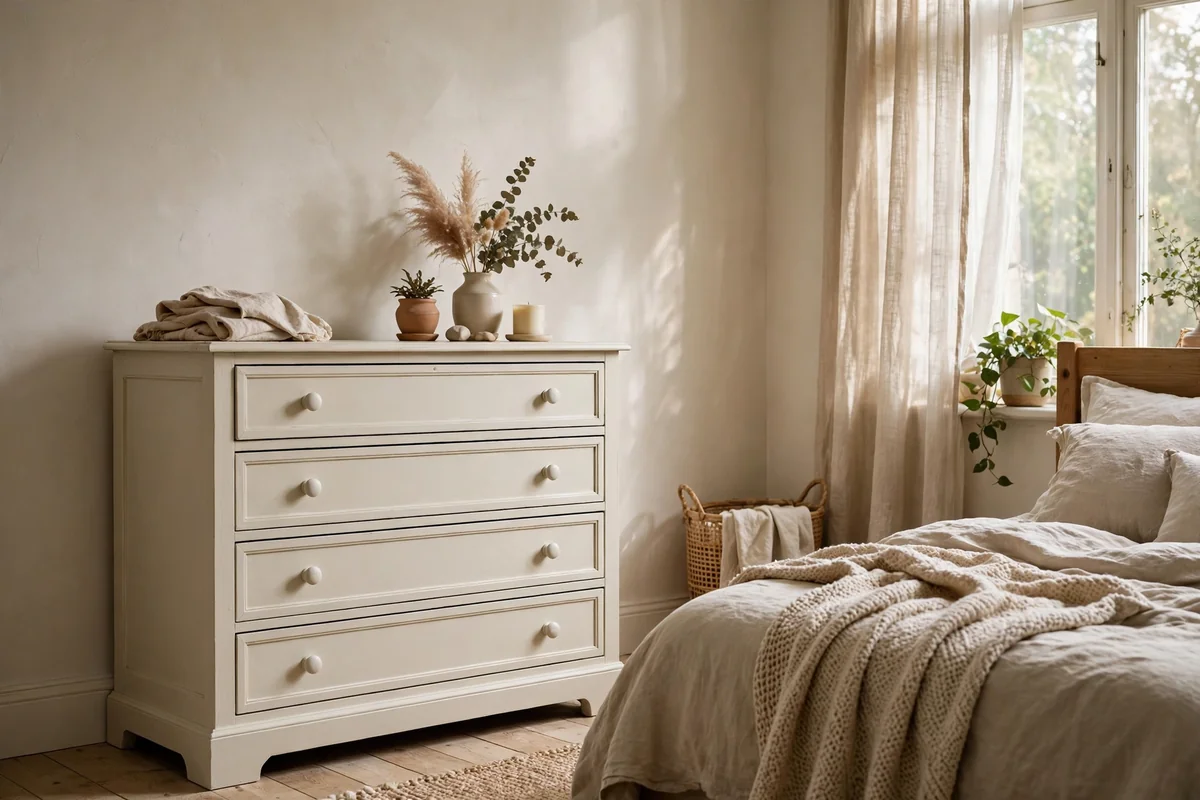 Bedroom with a cream chalk-painted chest of drawers, soft matte finish