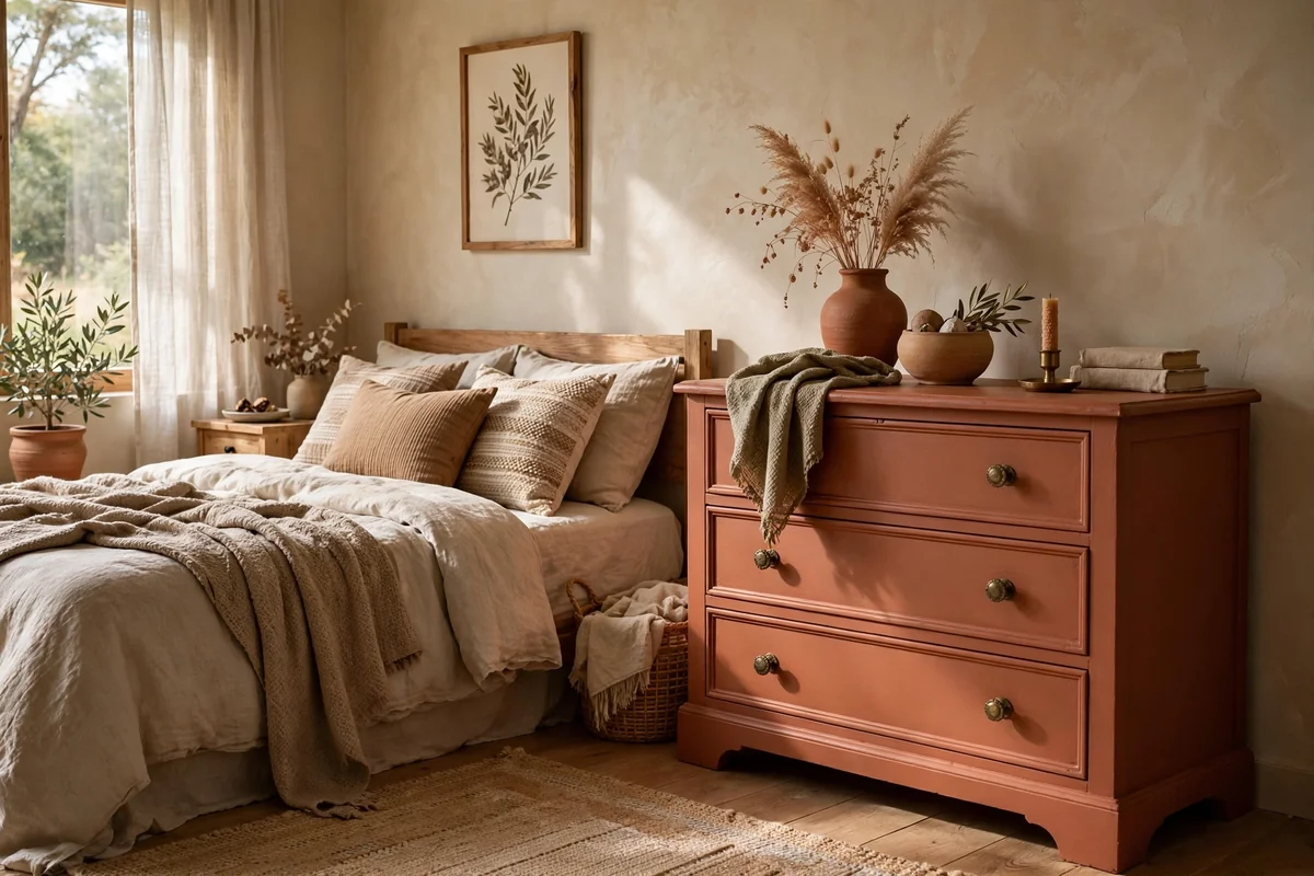 Bedroom with a warm terracotta painted accent dresser, earthy and inviting