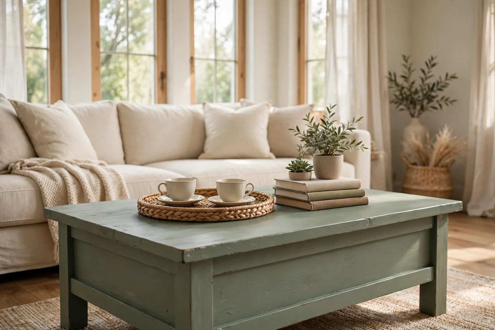 Sage green chalk-painted coffee table styled with tray, books and plant in a bright living room