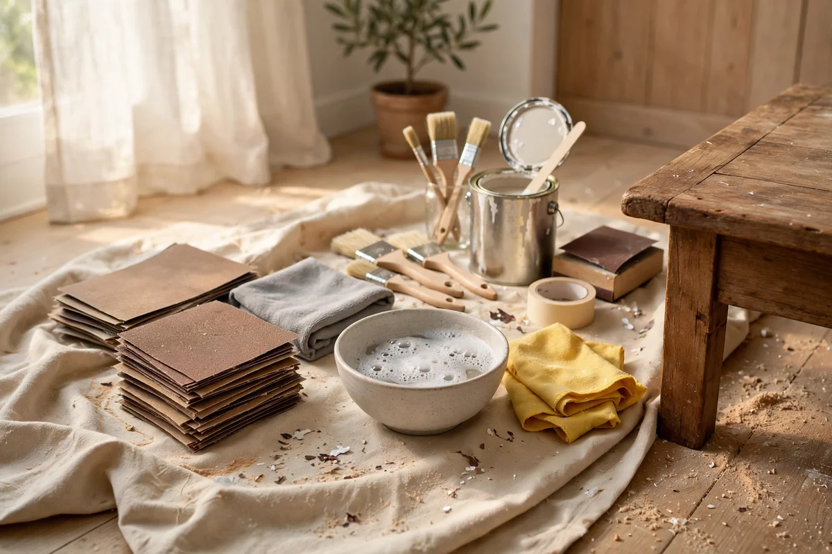 Paint supplies and sandpaper arranged beside a wooden coffee table before painting