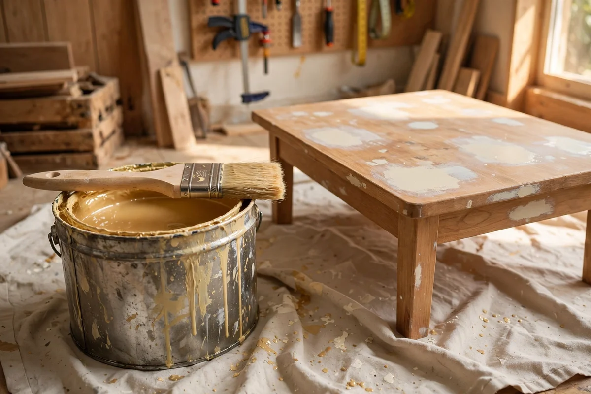 Tin of shellac primer and brush beside a partly primed wooden coffee table