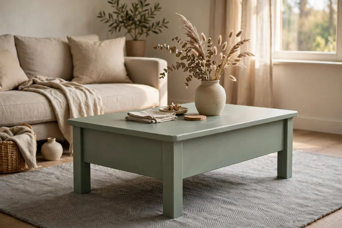 Sage green chalk-painted coffee table with a vase of dried stems in a calm living room