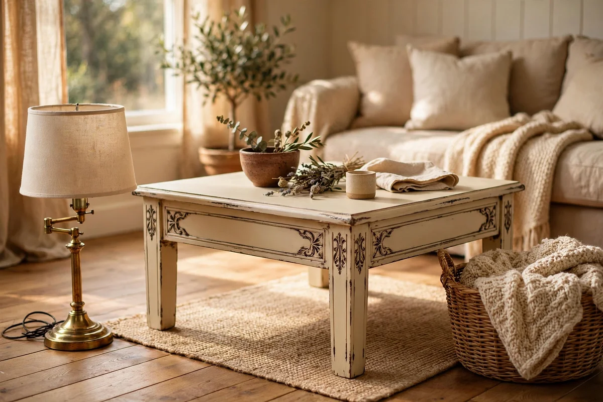 Warm cream painted coffee table with aged wax finish beside a brass lamp