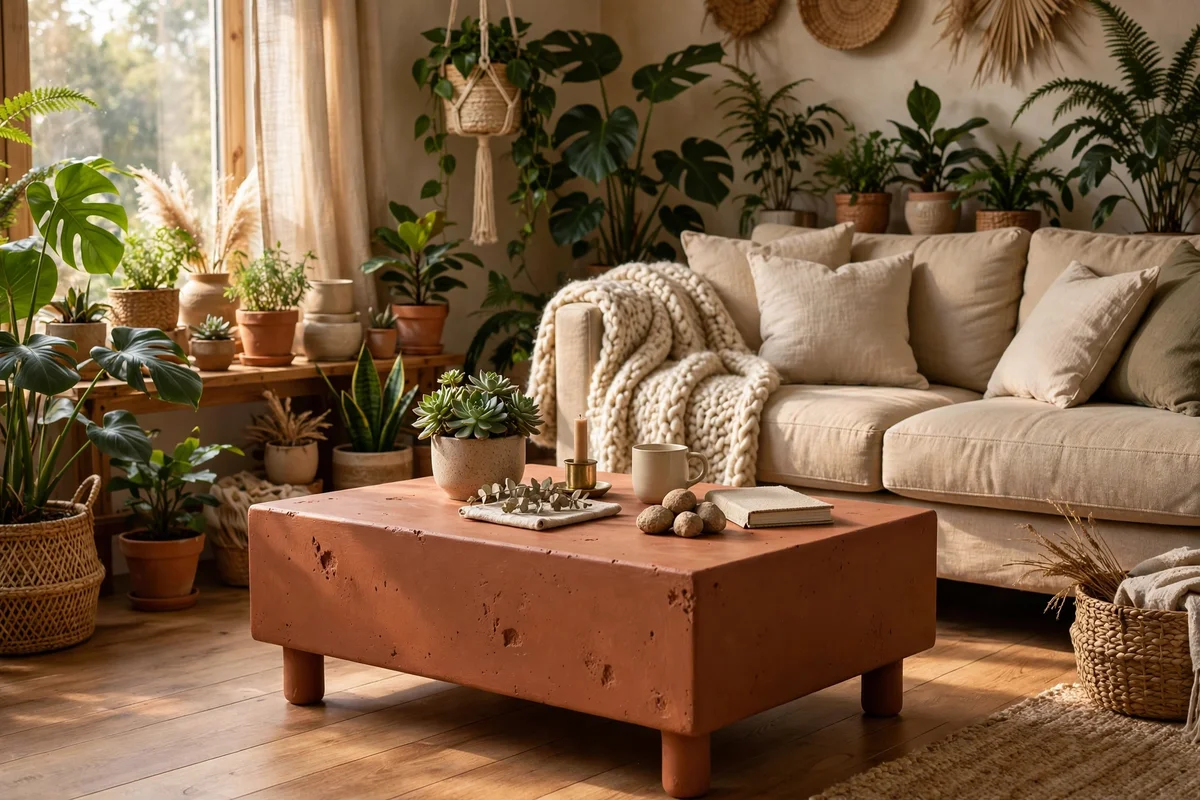 Terracotta clay painted coffee table in a living room full of plants