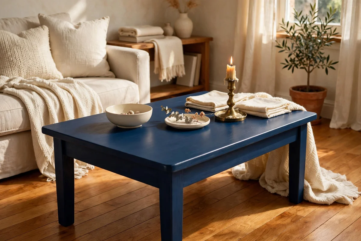 Deep ink blue painted coffee table with cream textiles in a small living room