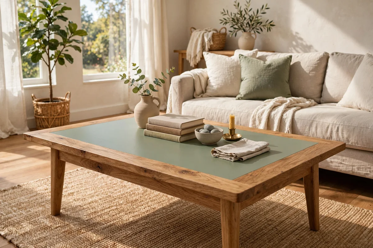 Two tone coffee table top with natural wood border and sage painted centre