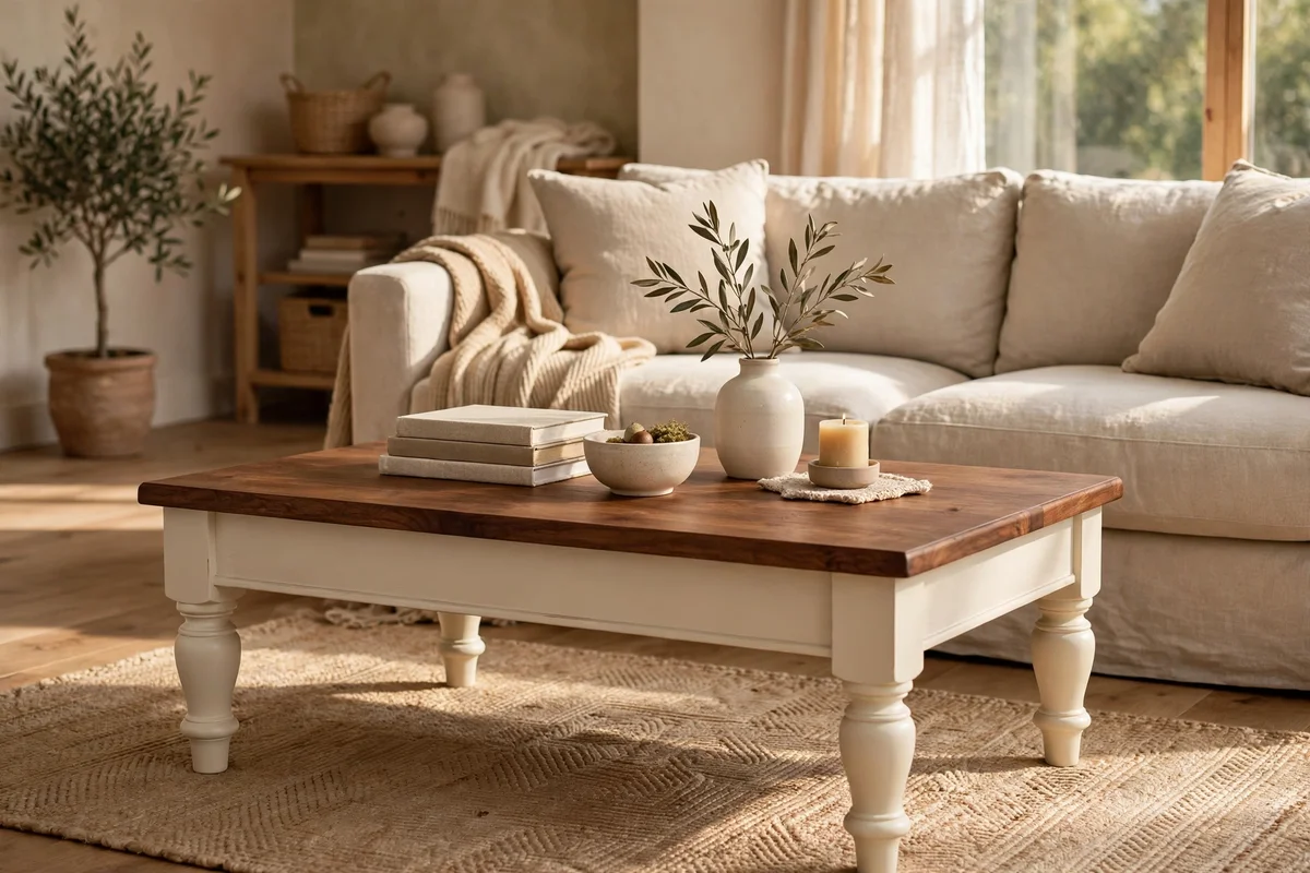 Coffee table with cream painted legs and a walnut stained wooden top