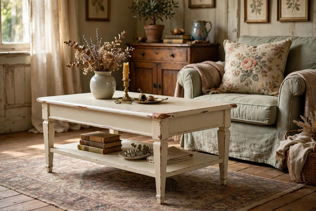Cream painted coffee table with lightly distressed edges in a vintage living room
