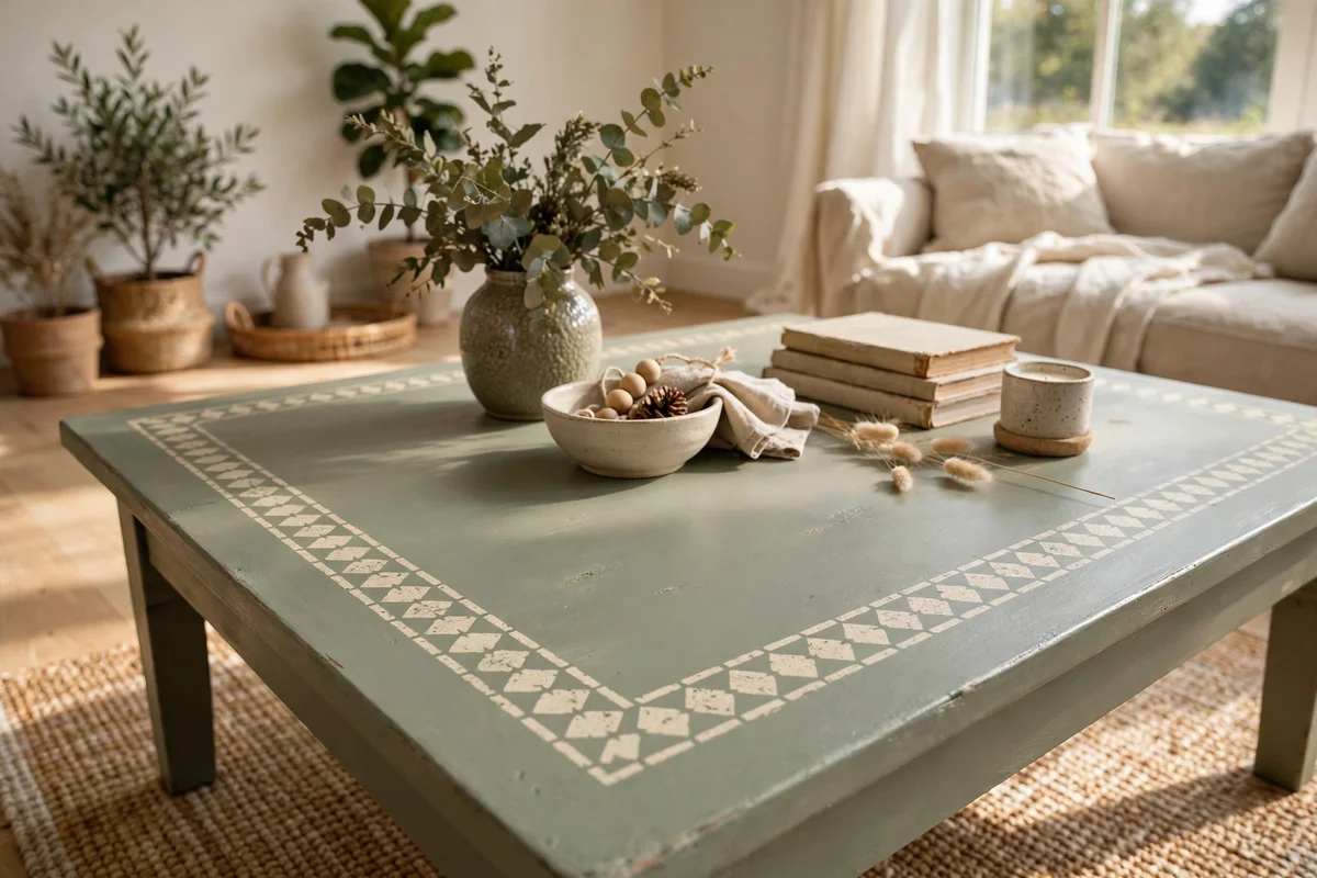 Sage coffee table with a stencilled cream diamond border around the top