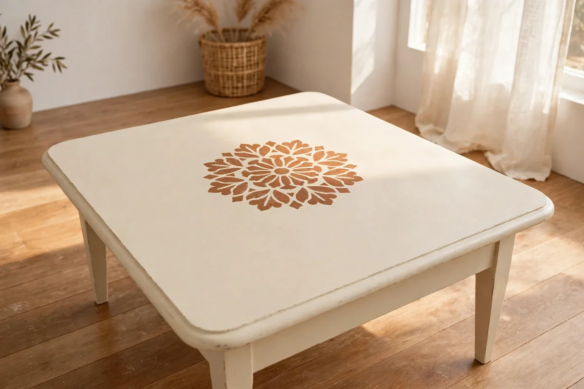 Cream coffee table with a central stencilled rosette medallion motif