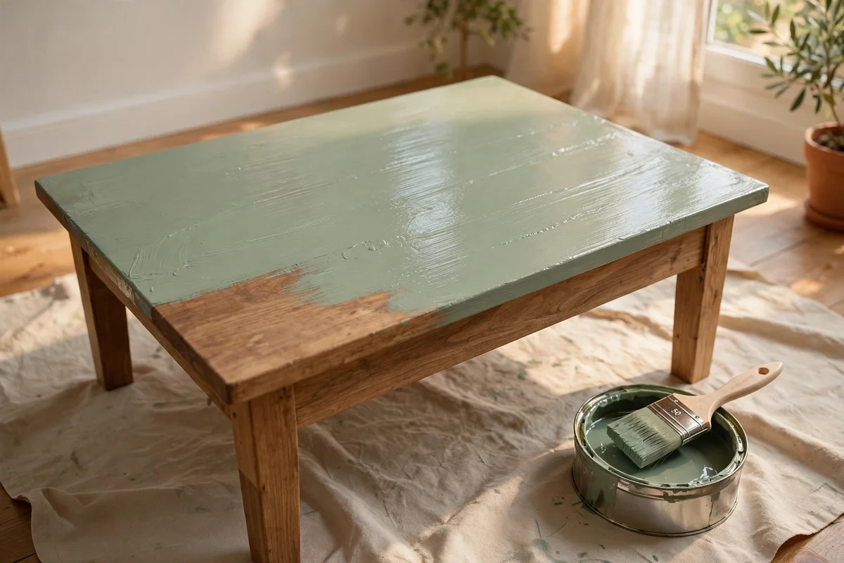 Coffee table half painted in sage showing long even brushstrokes
