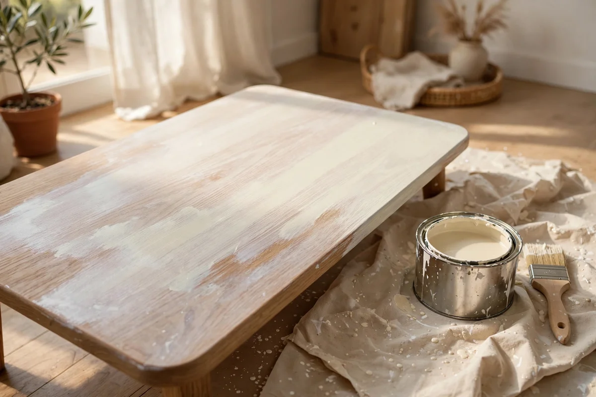 Coffee table with a thin first coat of cream paint over visible wood grain