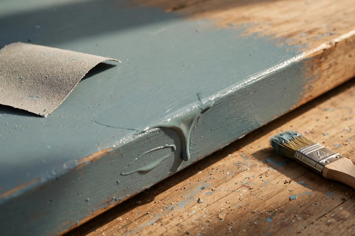 Close view of a paint drip being fixed on a coffee table edge