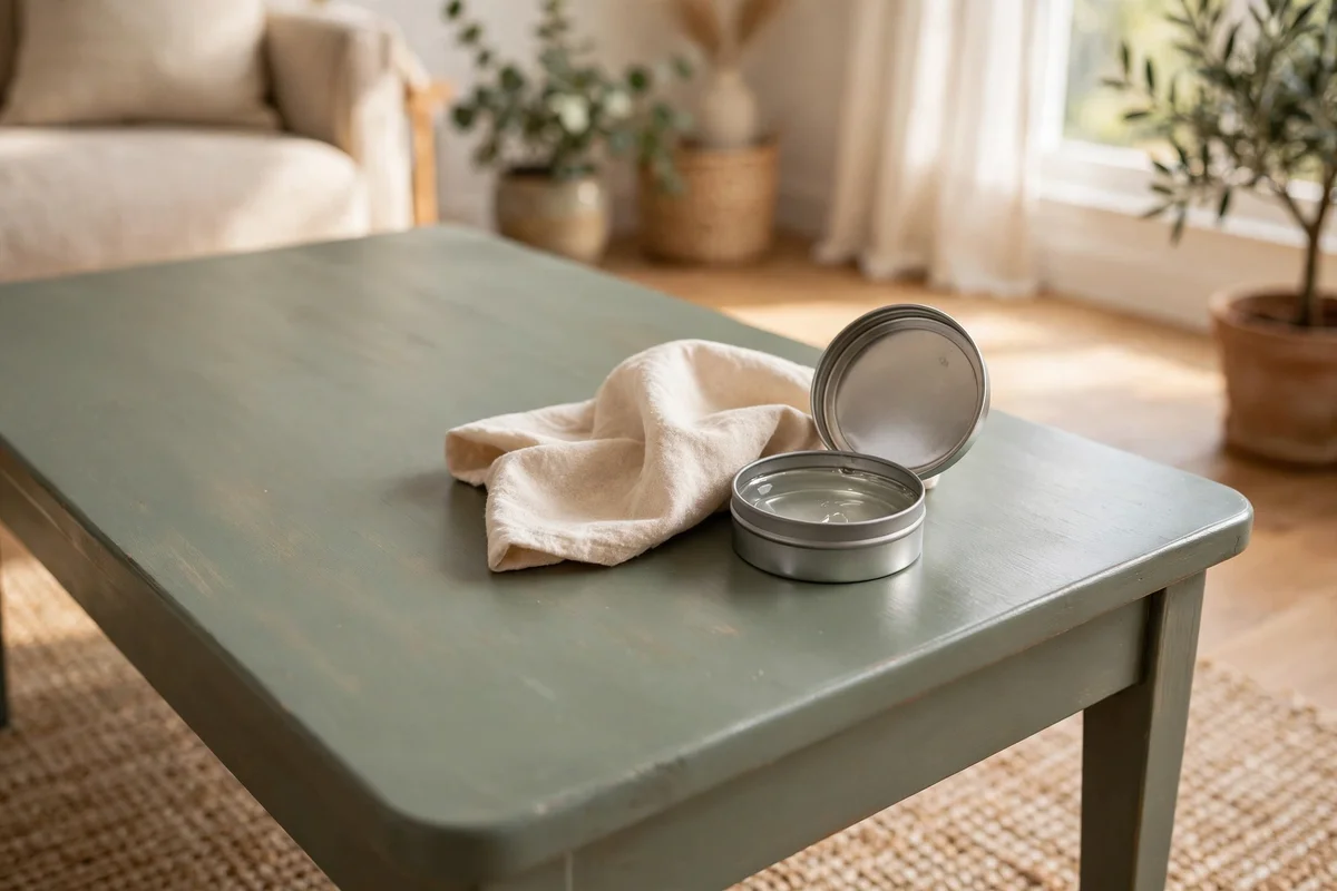 Tin of clear furniture wax and cloth beside a sage painted coffee table