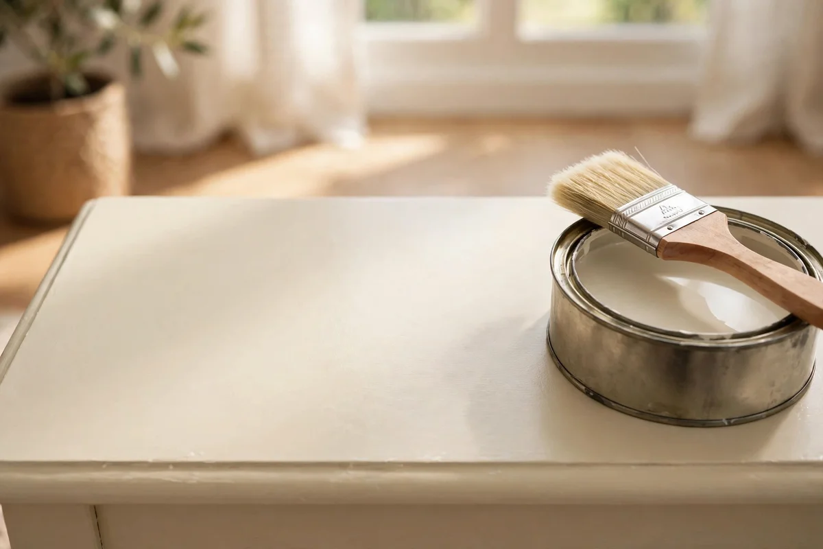 Cream painted coffee table with satin topcoat and brush nearby