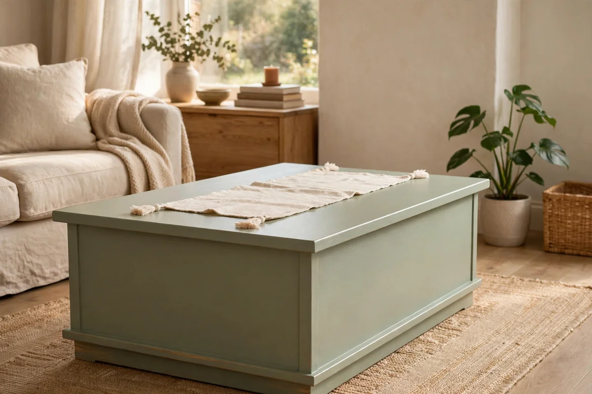 Freshly painted sage coffee table resting with a cotton runner in a calm room
