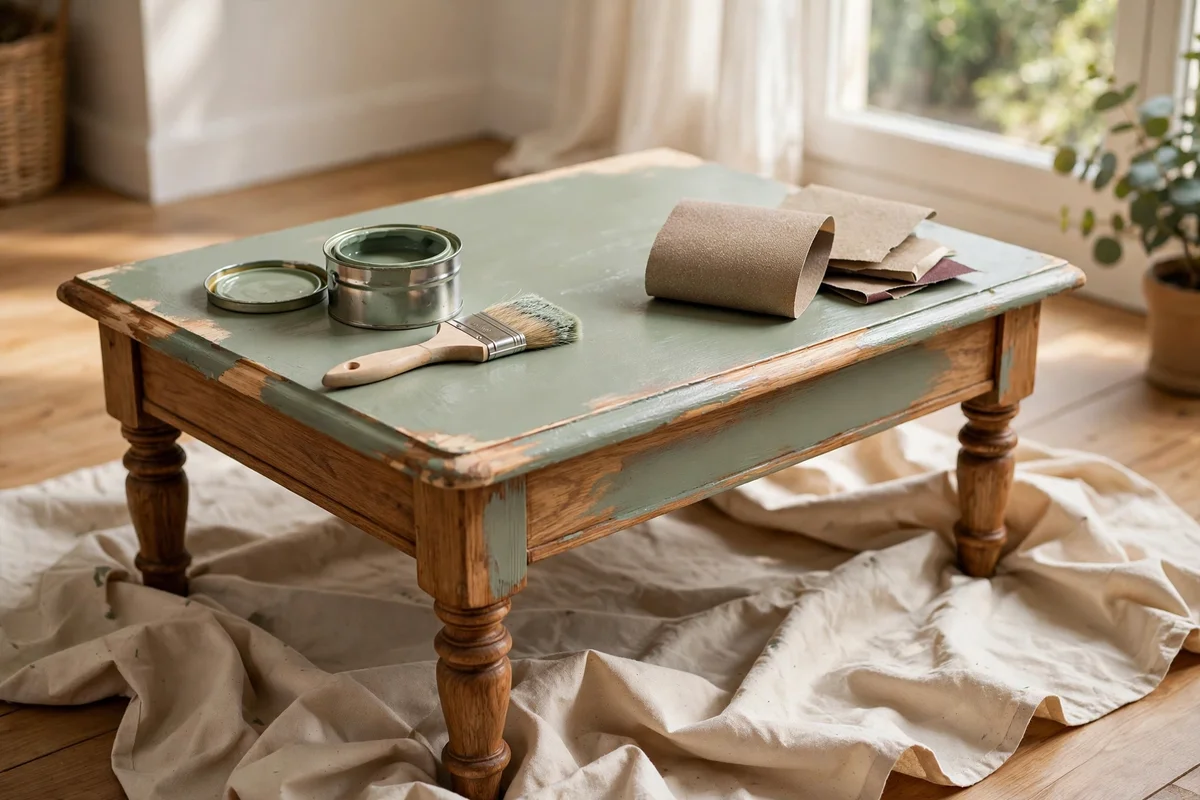Budget paint supplies for a thrifty coffee table makeover on a dust sheet