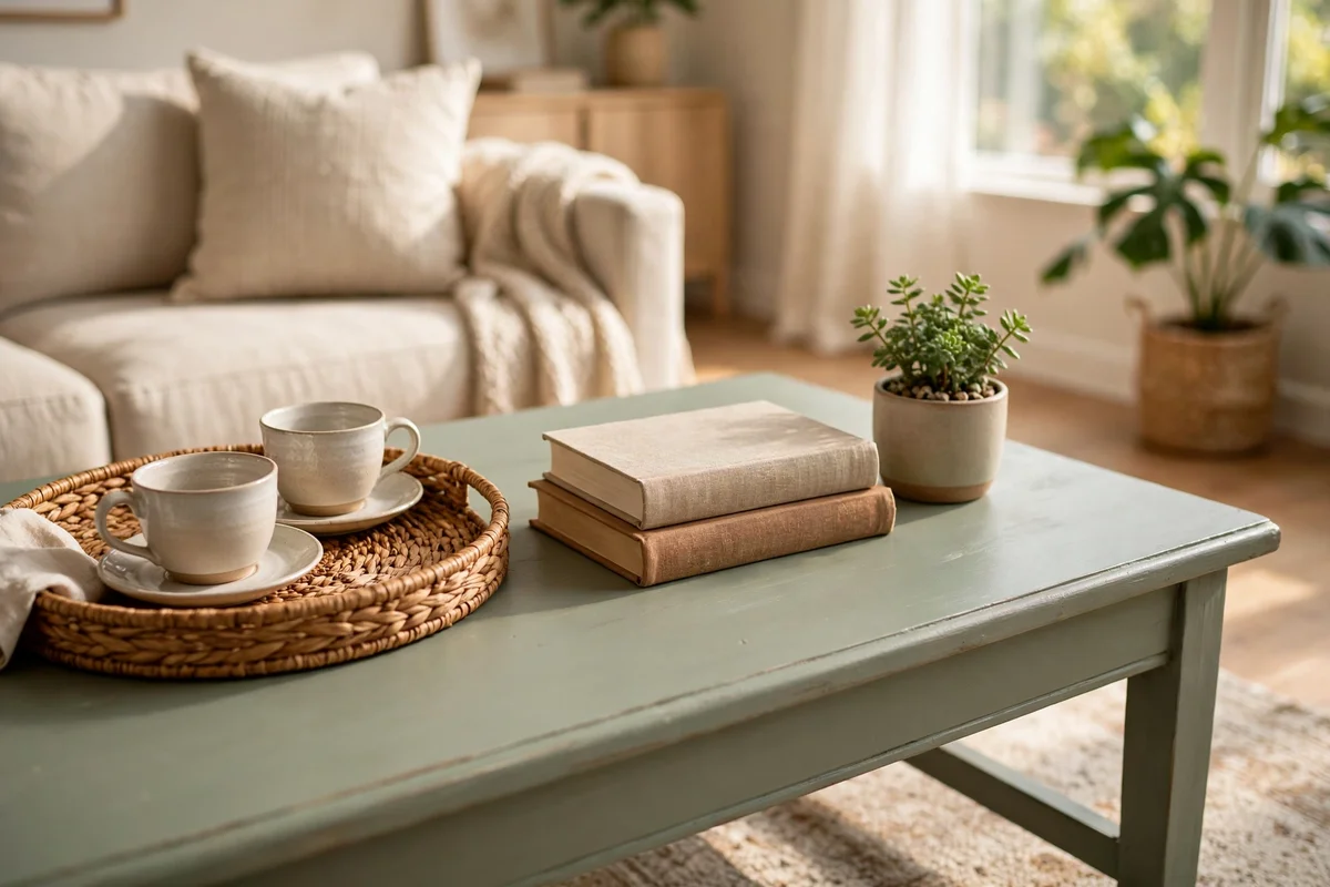 Sage painted coffee table styled with tray, books and a small plant