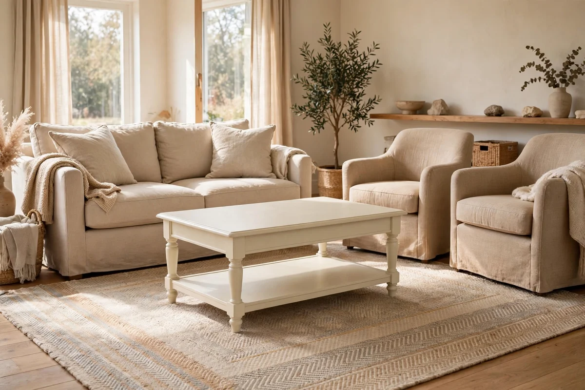 Cream painted coffee table centred on a rug with breathing space around it