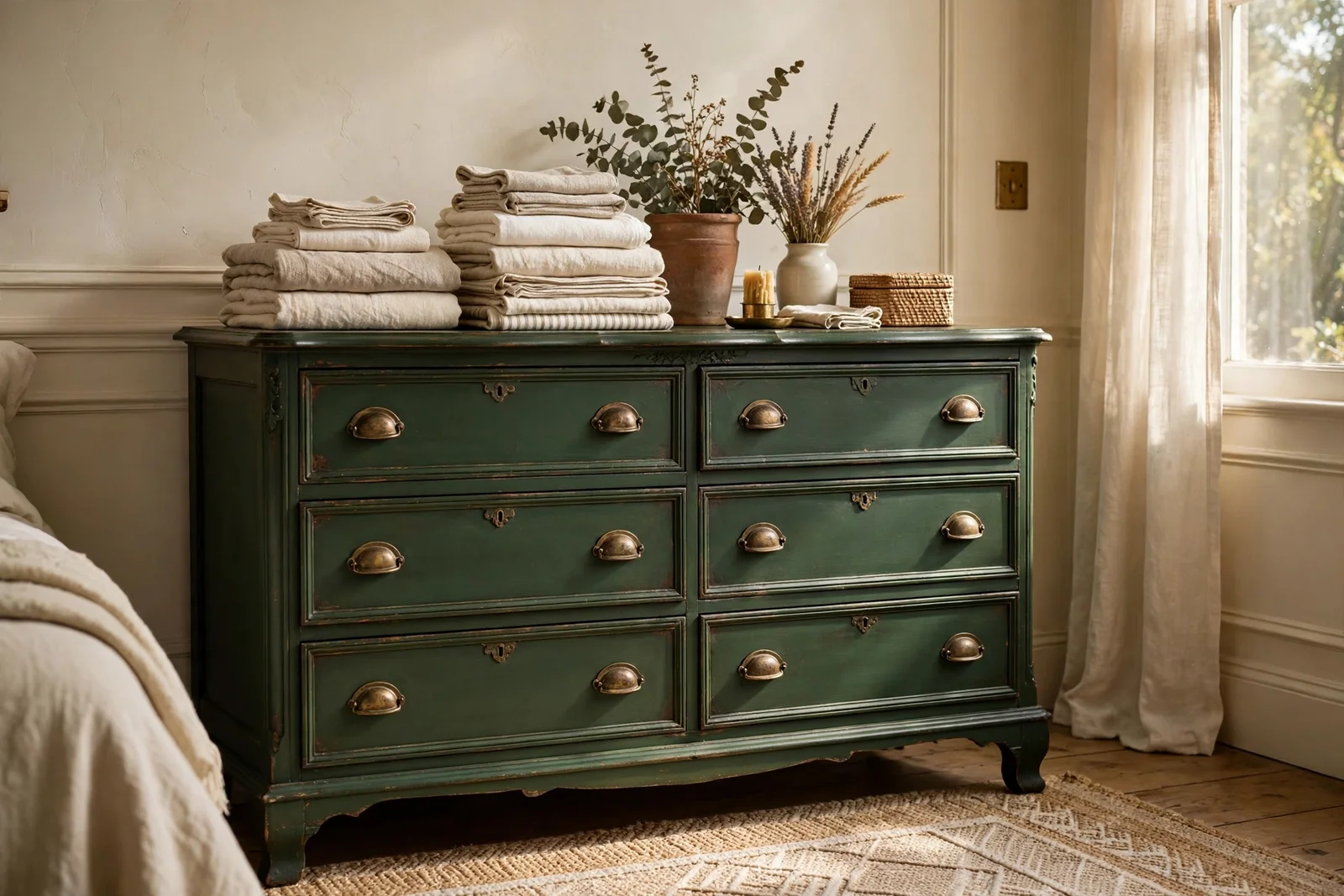 Painted dresser makeover in heritage colours with brass hardware