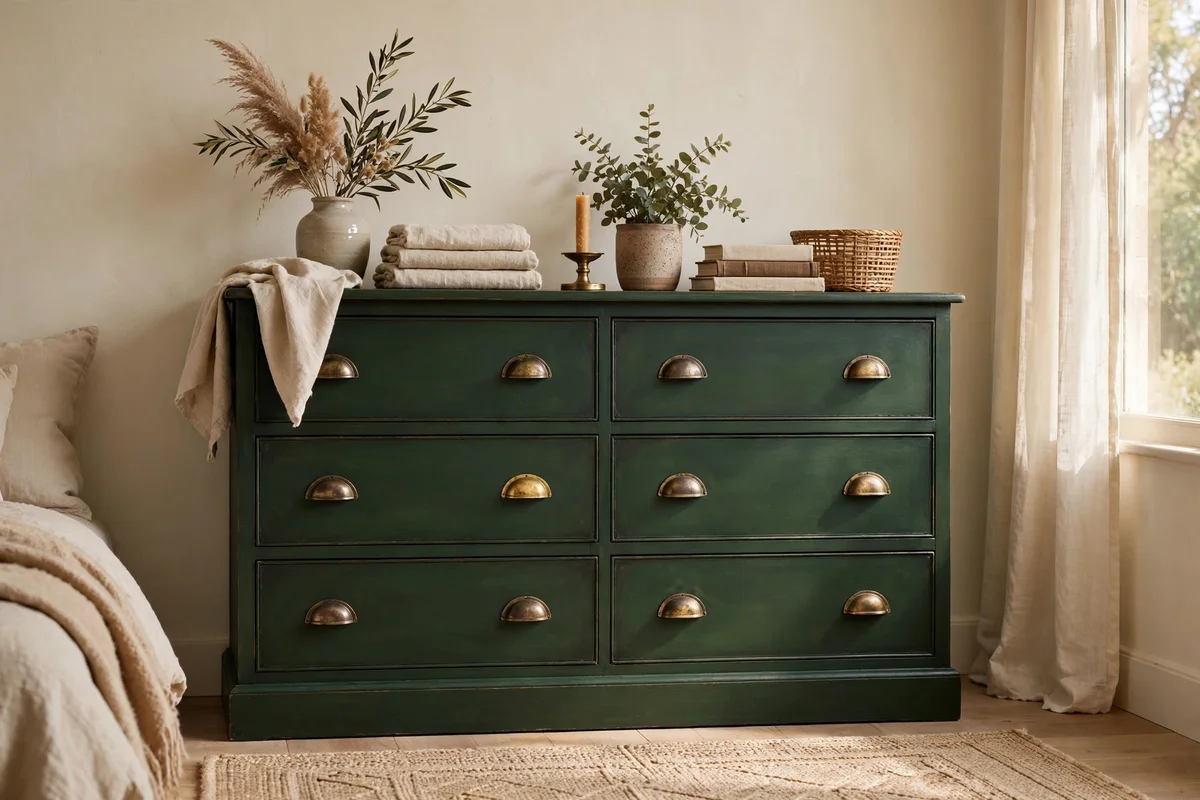 Deep heritage green painted dresser with brass cup pulls in a warm bedroom