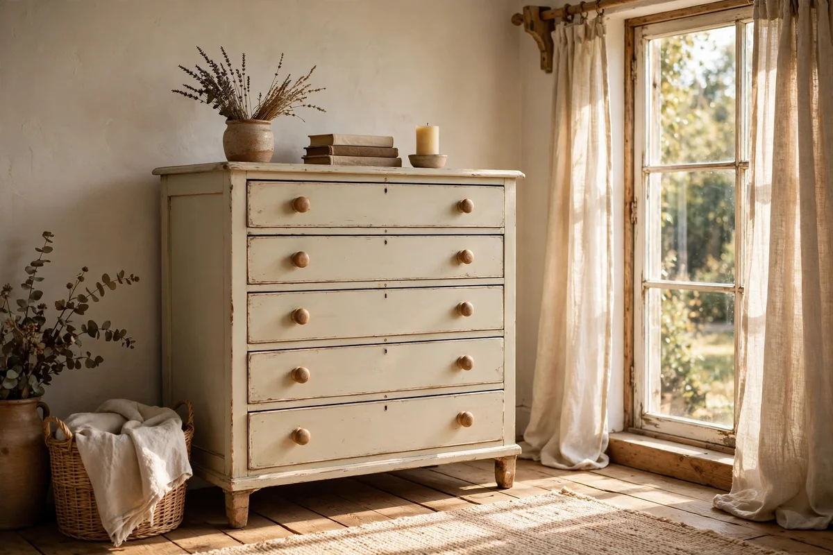 Clotted cream painted chest of drawers with wooden knobs near a bright window