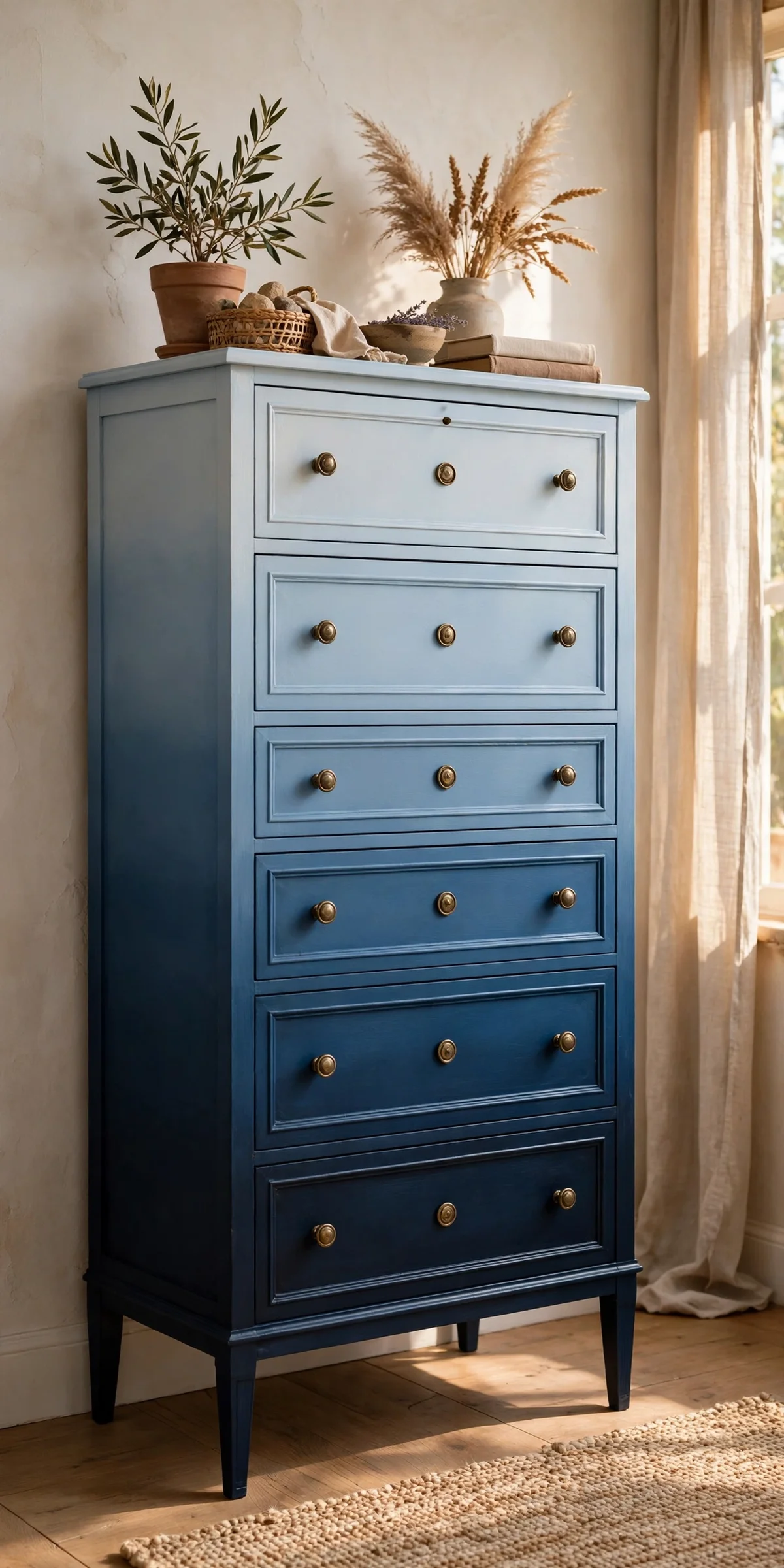 Tall chest of drawers in fading ink navy ombre from dark to pale