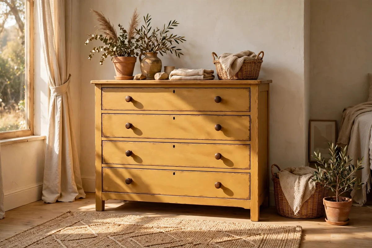 Sunlit ochre painted oak dresser with dark wood knobs in a pale bedroom