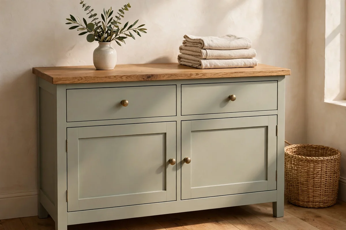 Two tone dresser with natural oak top above soft sage painted sides