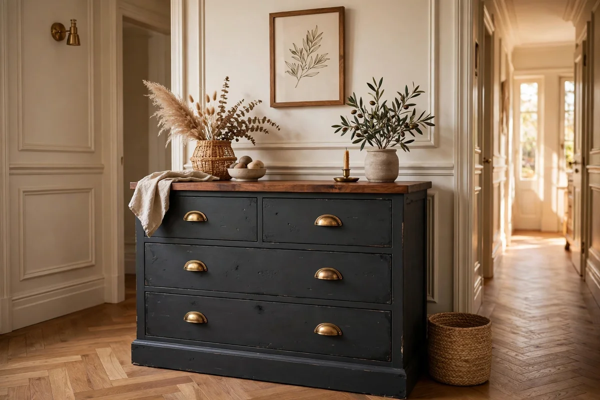 Charcoal painted dresser with walnut top and brass handles in a hallway