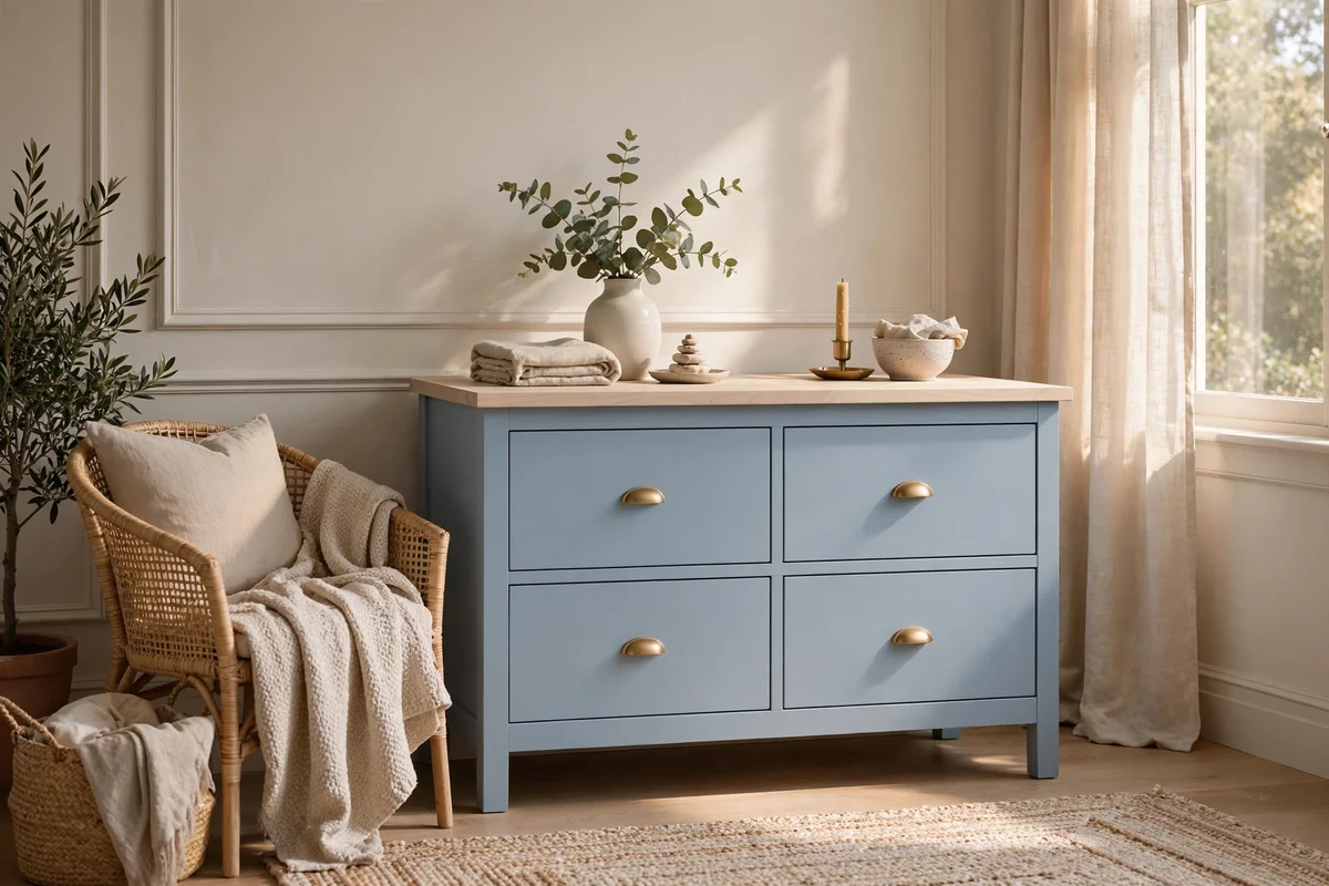 Powder blue painted dresser with pale beech top in a serene guest room