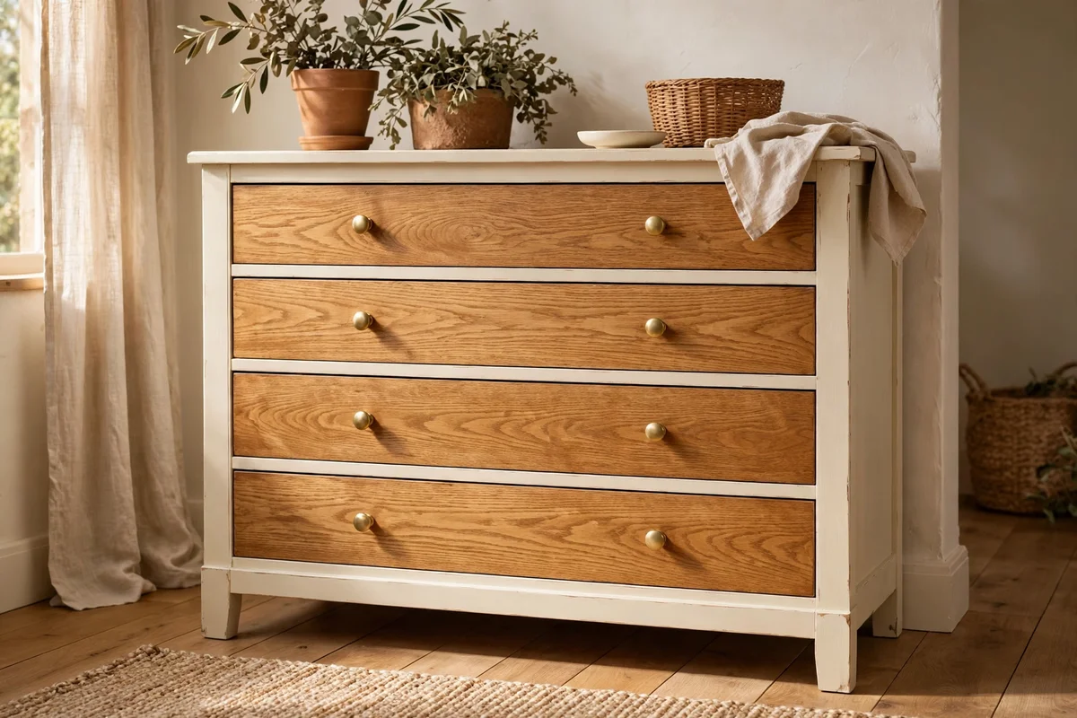 Cream painted dresser frame with honey oak stained drawer fronts