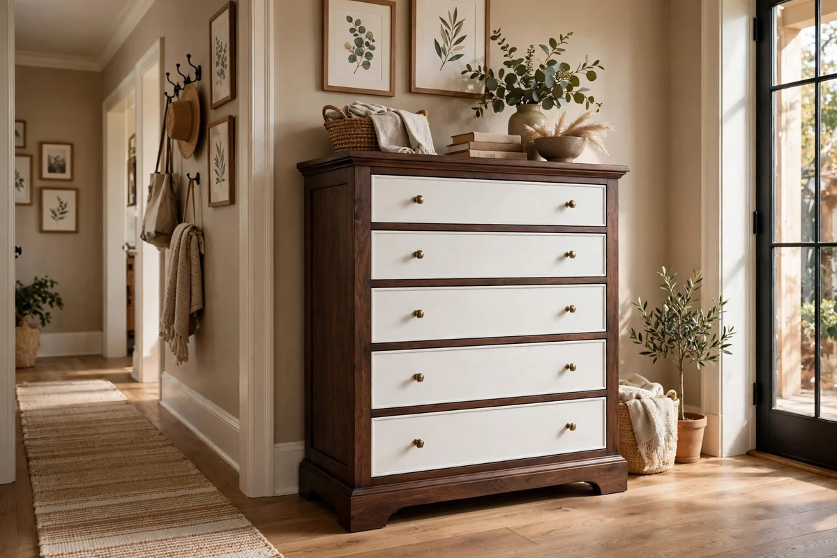 Dark walnut dresser frame with linen white painted drawers in a hallway