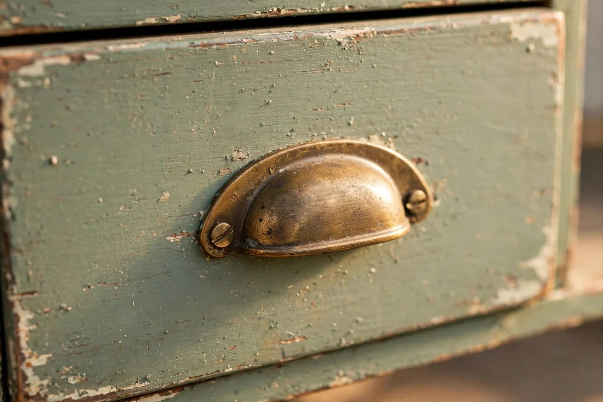 Painted dresser drawer fitted with an aged brass cup pull handle