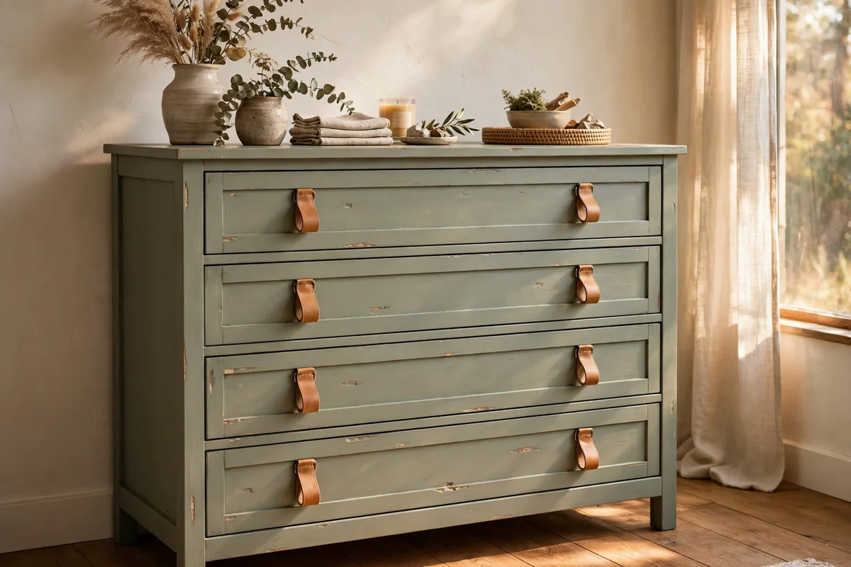Sage painted dresser fitted with tan leather loop handles